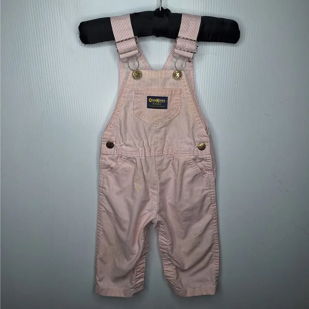 Vintage OshKosh B'Gosh Vestbak Bib Overalls Girls Pink White Stripe USA 24 mo